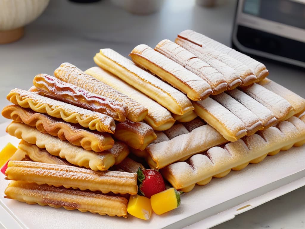  An 8k ultradetailed image of a traditional Mexican bakery showcasing rows of freshly baked churros dusted with cinnamon sugar and colorful paletas lined up on a clean, white marble countertop. The churros are golden and crispy, with steam rising from their ridged surface, while the paletas glisten in the light, each one a vibrant hue of mango, watermelon, and lime, adorned with slices of fresh fruit. The background is blurred to emphasize the delicious pastries, inviting the viewer to indulge in a sweet taste of Mexico. hyperrealistic, full body, detailed clothing, highly detailed, cinematic lighting, stunningly beautiful, intricate, sharp focus, f/1. 8, 85mm, (centered image composition), (professionally color graded), ((bright soft diffused light)), volumetric fog, trending on instagram, trending on tumblr, HDR 4K, 8K