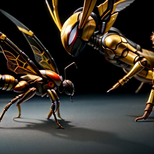  A Spider and Wasp ::5 hyper-realistic robot insects fight in a futuristic game pit, the battle is a re-interpretation of the classic natural battle between the Wasp and the Spider represented by cyber-insects ::4 bio-mechanic, precision-engineered metallic legs, detailed iridescent cyber-wings, intricate mechanics, metallic, translucent, dramatic lighting, hyper futuristic, digital art --s 50 --c 20 --q 2 --ar 2:3 --v 4, Highly defined, highly detailed, sharp focus, (centered image composition), 4K, 8K