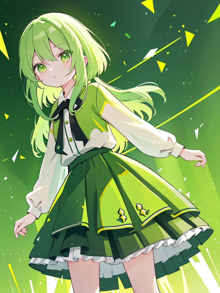  Green Hair, Green Eye, Long Hair, Skirt, Katyusha, the background is yellow green, clothes are one piece, masterpiece, best quality,8k,ultra detailed,high resolution,an extremely delicate and beautiful,hyper detail