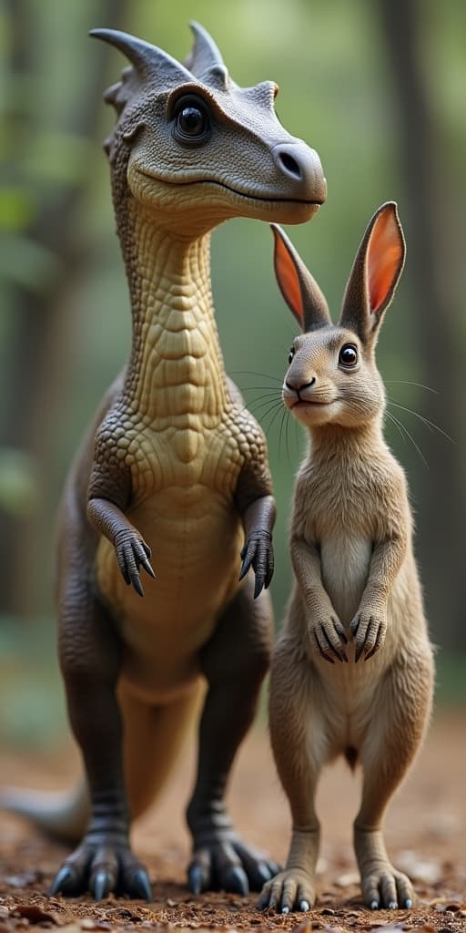  good quality, high quality, a rabbit standing right next to a stegosaurus, realistic, highly detailed