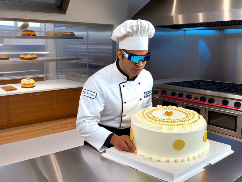  A minimalist, ultradetailed image of a professional pastry chef using augmented reality glasses to enhance their cake decorating skills. The chef, with a focused expression, is surrounded by holographic guides and measurements, creating a visually striking juxtaposition between traditional baking tools and futuristic technology. The background is a sleek, modern kitchen with clean lines and soft lighting, emphasizing the seamless integration of augmented reality into the world of baking. hyperrealistic, full body, detailed clothing, highly detailed, cinematic lighting, stunningly beautiful, intricate, sharp focus, f/1. 8, 85mm, (centered image composition), (professionally color graded), ((bright soft diffused light)), volumetric fog, trending on instagram, trending on tumblr, HDR 4K, 8K