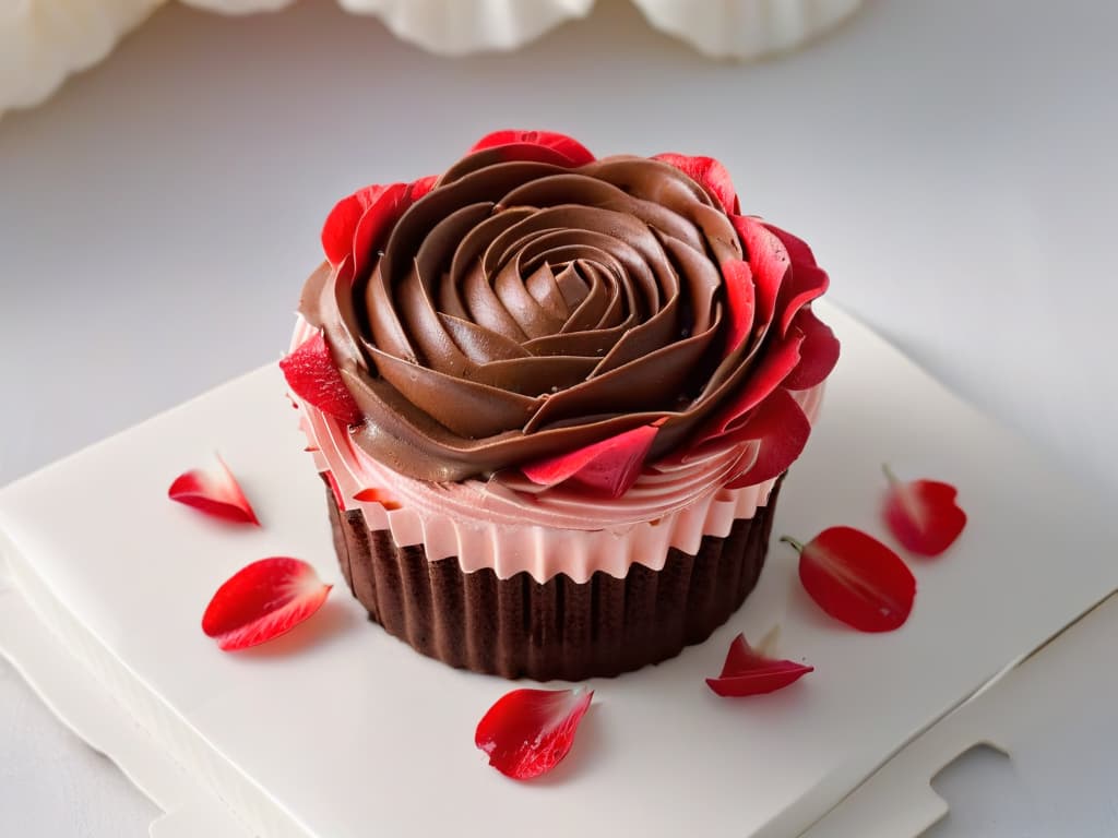  An ultradetailed closeup image of a perfect roseshaped frosting on a decadent chocolate cupcake, showcasing intricate layers of delicate petals in varying shades of pink and red, with glistening sugar crystals delicately sprinkled on top. The frosting is flawlessly piped, creating a mesmerizing texture that highlights the skill and artistry involved in pastry presentation. hyperrealistic, full body, detailed clothing, highly detailed, cinematic lighting, stunningly beautiful, intricate, sharp focus, f/1. 8, 85mm, (centered image composition), (professionally color graded), ((bright soft diffused light)), volumetric fog, trending on instagram, trending on tumblr, HDR 4K, 8K