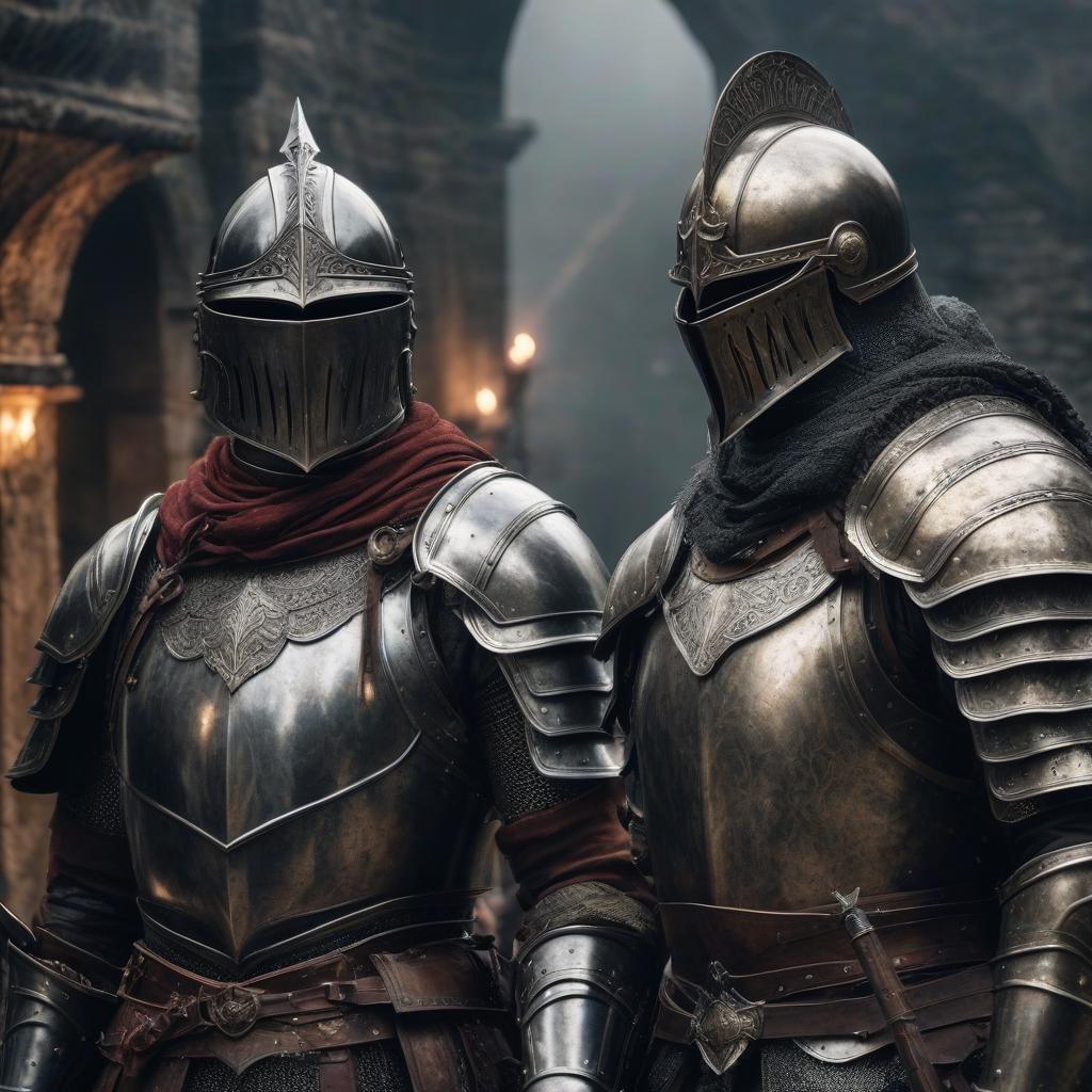  two wariors,fantasy armor helmet, dark souls, fantasy armor, dark fantasy, high quality hyperrealistic, full body, detailed clothing, highly detailed, cinematic lighting, stunningly beautiful, intricate, sharp focus, f/1. 8, 85mm, (centered image composition), (professionally color graded), ((bright soft diffused light)), volumetric fog, trending on instagram, trending on tumblr, HDR 4K, 8K