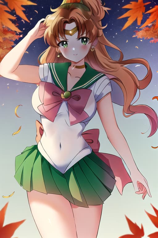  (sailor jupiter:1.3), (masterpiece), (highest quality), (intricate), (high detail),Autumn women, autumn, falling leaves, masterpiece, best quality, high quality, solo