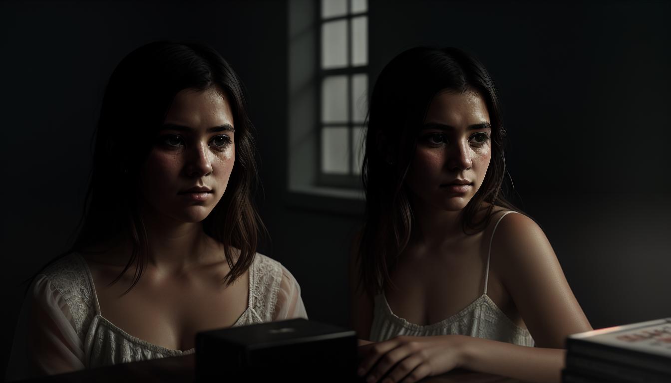  digital illustration, Elise looking distraught and perplexed, sitting alone in a dimly lit room, hands clasped together, tear streaked face, ambient light casting long shadows, heartache, confusion, looking at viewer, dynamic pose, (intricate details, masterpiece, best quality)