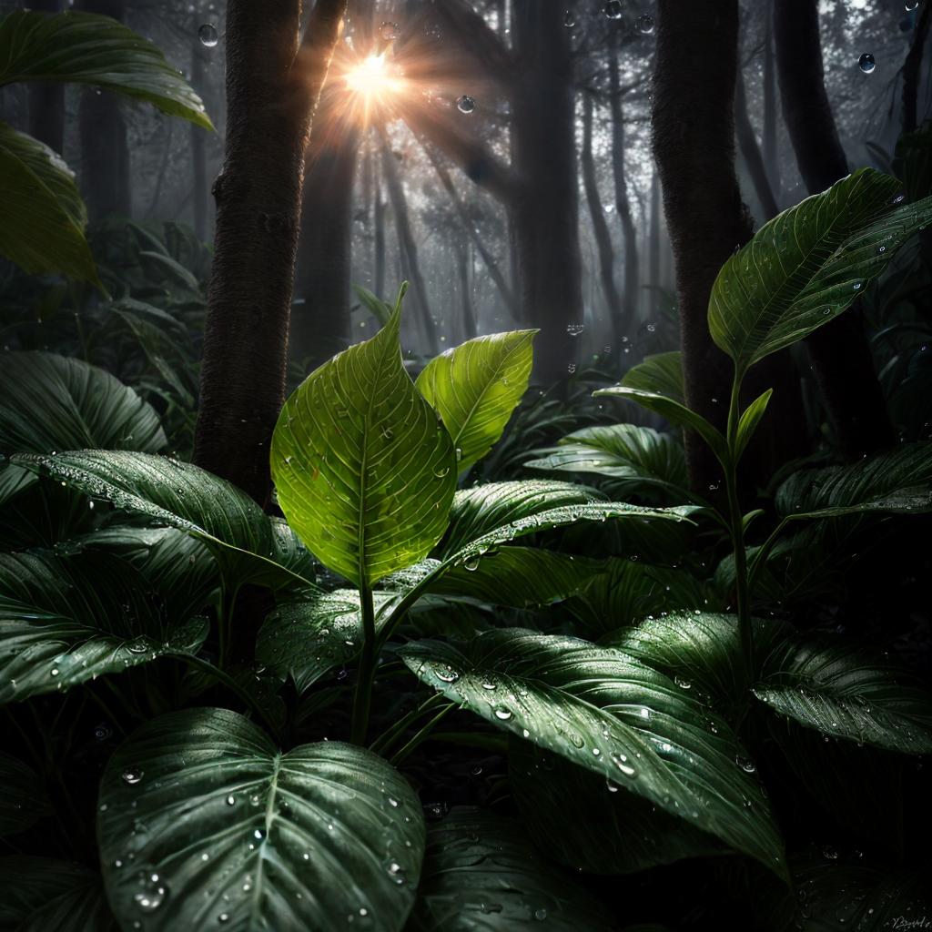  Sun after the storm, cooled and awe inspiringly realistic image, highly detailed, with lingering raindrops on leaves, muted colors, soft lighting, misty atmosphere, and a sense of calmness after the chaos. style RAW, best quality, masterpiece, RAW Photo, ultrahigh res, highly detailed, sharp focus