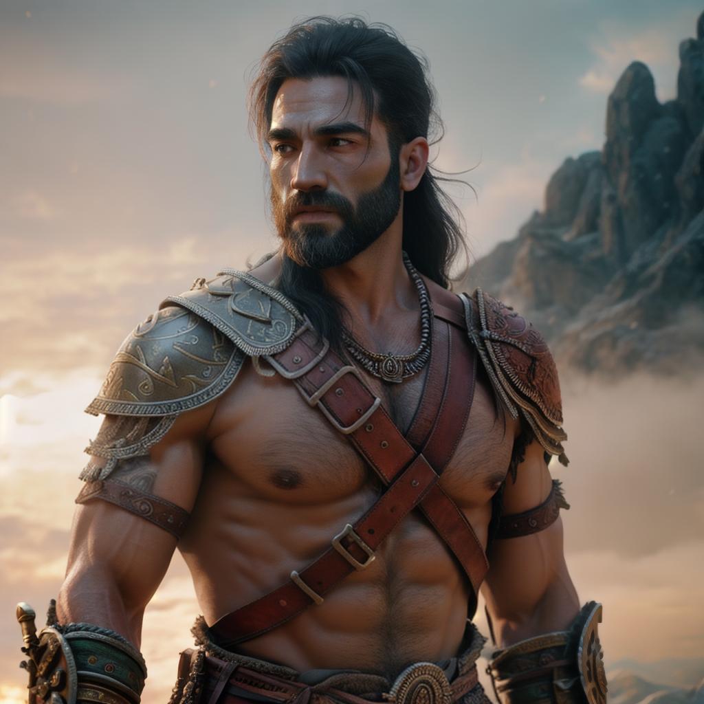  God of war hyperrealistic, full body, detailed clothing, highly detailed, cinematic lighting, stunningly beautiful, intricate, sharp focus, f/1. 8, 85mm, (centered image composition), (professionally color graded), ((bright soft diffused light)), volumetric fog, trending on instagram, trending on tumblr, HDR 4K, 8K