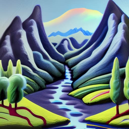 wa-vy style mountains with stream in valley and trees