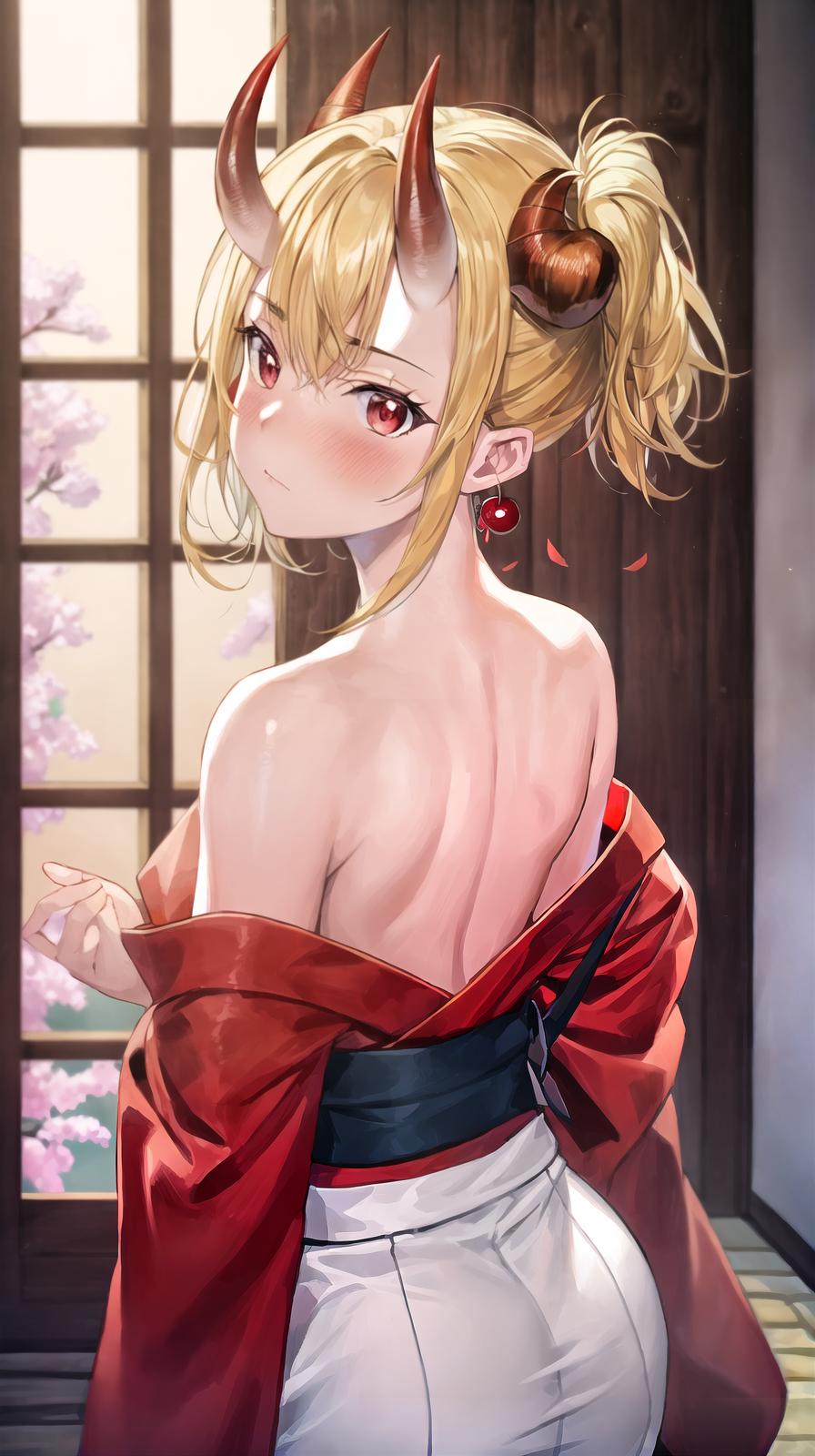  master piece , best quality,score 9, score 8 up, score 7 up, score 6 up, source anime, oni, kitagawa marin, oni horns, skin covered horns, japanese clothes, red kimono, solo, blonde hair, red eyes, cowboy shot, indoors, bare shoulders, from behind, looking back, blush, cherry blossoms, depth of field, masterpeice, best quality, very aesthetic, absurdres