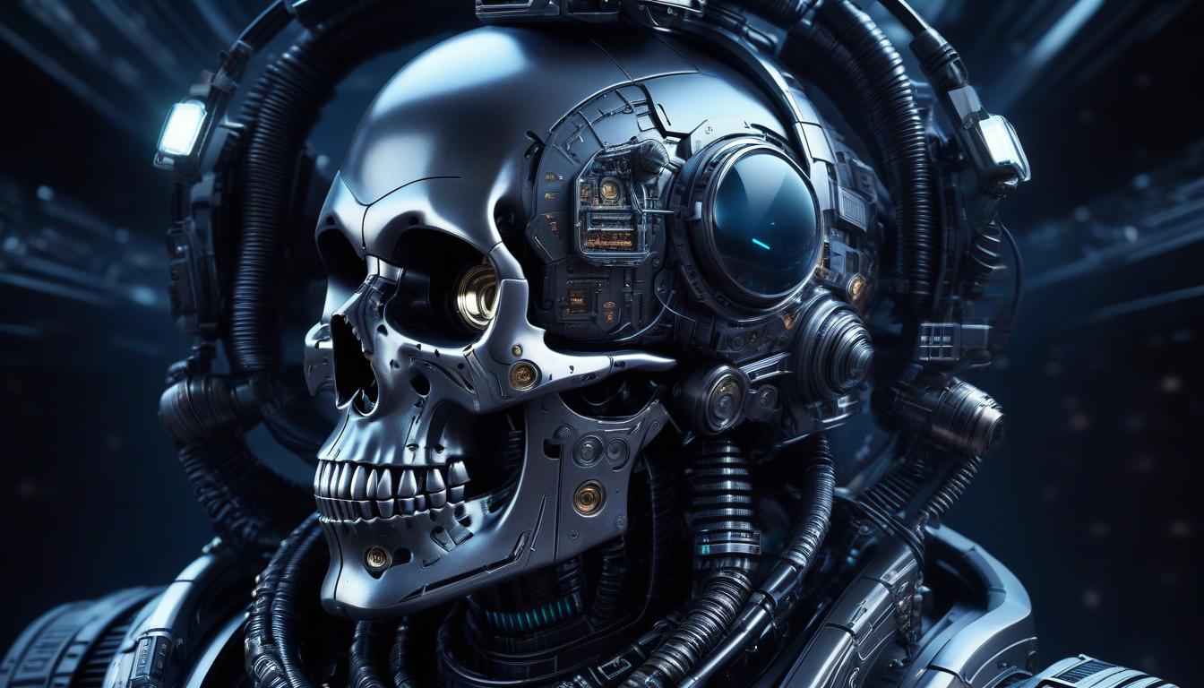  space themed the skull is wearing futuristic makeup, in the style of greeble, gadgetpunk, bronzepunk, high resolution, futuristic robots, strong facial expression, dark and intricate 3d wallpaper . cosmic, celestial, stars, galaxies, nebulas, planets, science fiction, highly detailed hyperrealistic, full body, detailed clothing, highly detailed, cinematic lighting, stunningly beautiful, intricate, sharp focus, f/1. 8, 85mm, (centered image composition), (professionally color graded), ((bright soft diffused light)), volumetric fog, trending on instagram, trending on tumblr, HDR 4K, 8K