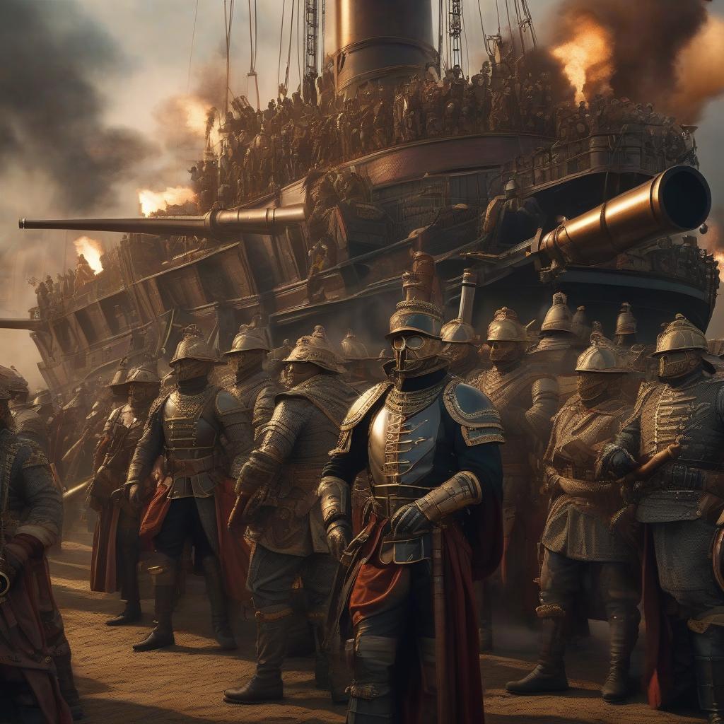  A large army crowded in heavy steam punk armor, with gigantic ship based cannons in heavy iron masks, heavy soldiers, pair, heavy giant cannons. hyperrealistic, full body, detailed clothing, highly detailed, cinematic lighting, stunningly beautiful, intricate, sharp focus, f/1. 8, 85mm, (centered image composition), (professionally color graded), ((bright soft diffused light)), volumetric fog, trending on instagram, trending on tumblr, HDR 4K, 8K