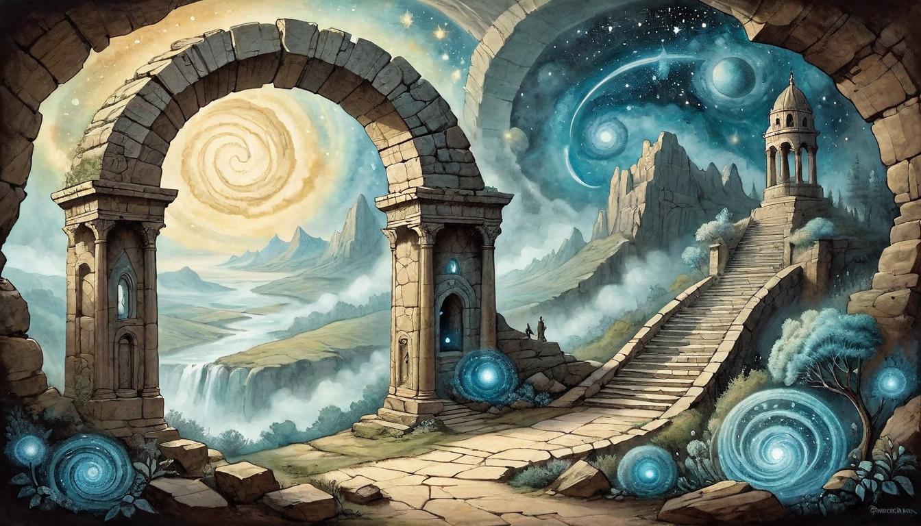  on parchment, surrealism+++, A spiraling galaxy seen through an ancient stone arch, representing the quest for healing across all lifetimes, timeless, healing, soulful(mysterious, provocative, symbolic,muted color)+++