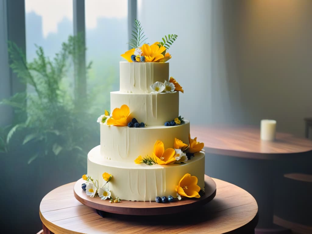  A minimalist image of an elegant threetiered wedding cake made entirely from organic, locally sourced ingredients, adorned with delicate edible flowers and surrounded by lush greenery. The cake is displayed on a simple wooden stand, exuding a sense of natural beauty and sustainability. The soft natural lighting highlights the intricate details of the cake, emphasizing its ecofriendly and luxurious appeal. hyperrealistic, full body, detailed clothing, highly detailed, cinematic lighting, stunningly beautiful, intricate, sharp focus, f/1. 8, 85mm, (centered image composition), (professionally color graded), ((bright soft diffused light)), volumetric fog, trending on instagram, trending on tumblr, HDR 4K, 8K