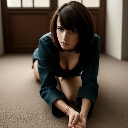  beautiful European square haircut brunette woman kneeling, 4k, bondage heels, beautiful face