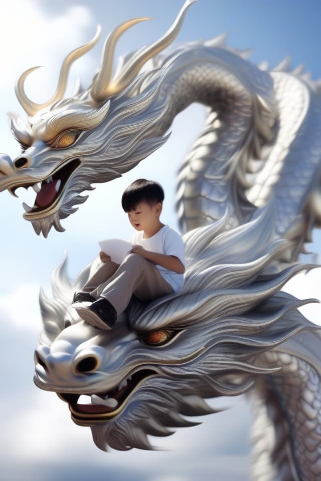  Ultra detailed,8k,high resolution,absurd,employed,detailed,delicate composition,cinematic angles,bold composition,detailed to the last detail,{{Silver Chinese Dragon and Boy:1.4}}(Flying Chinese Dragon){(Flying Silver Chinese Dragon,Boy on Back of Silver Chinese Dragon,Boy onSilver Chinese Dragon and Boy Sitting on the Back of a Silver Chinese Dragon,Silver Chinese Dragon and Boy Flying High in the Sky),Big Sky,Blue Sky}},Top Quality,Masterpiece,