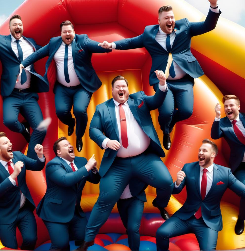  a group of obese manager types in suits in their uniforms jump happily in a bouncy castle hyperrealistic, full body, detailed clothing, highly detailed, cinematic lighting, stunningly beautiful, intricate, sharp focus, f/1. 8, 85mm, (centered image composition), (professionally color graded), ((bright soft diffused light)), volumetric fog, trending on instagram, trending on tumblr, HDR 4K, 8K