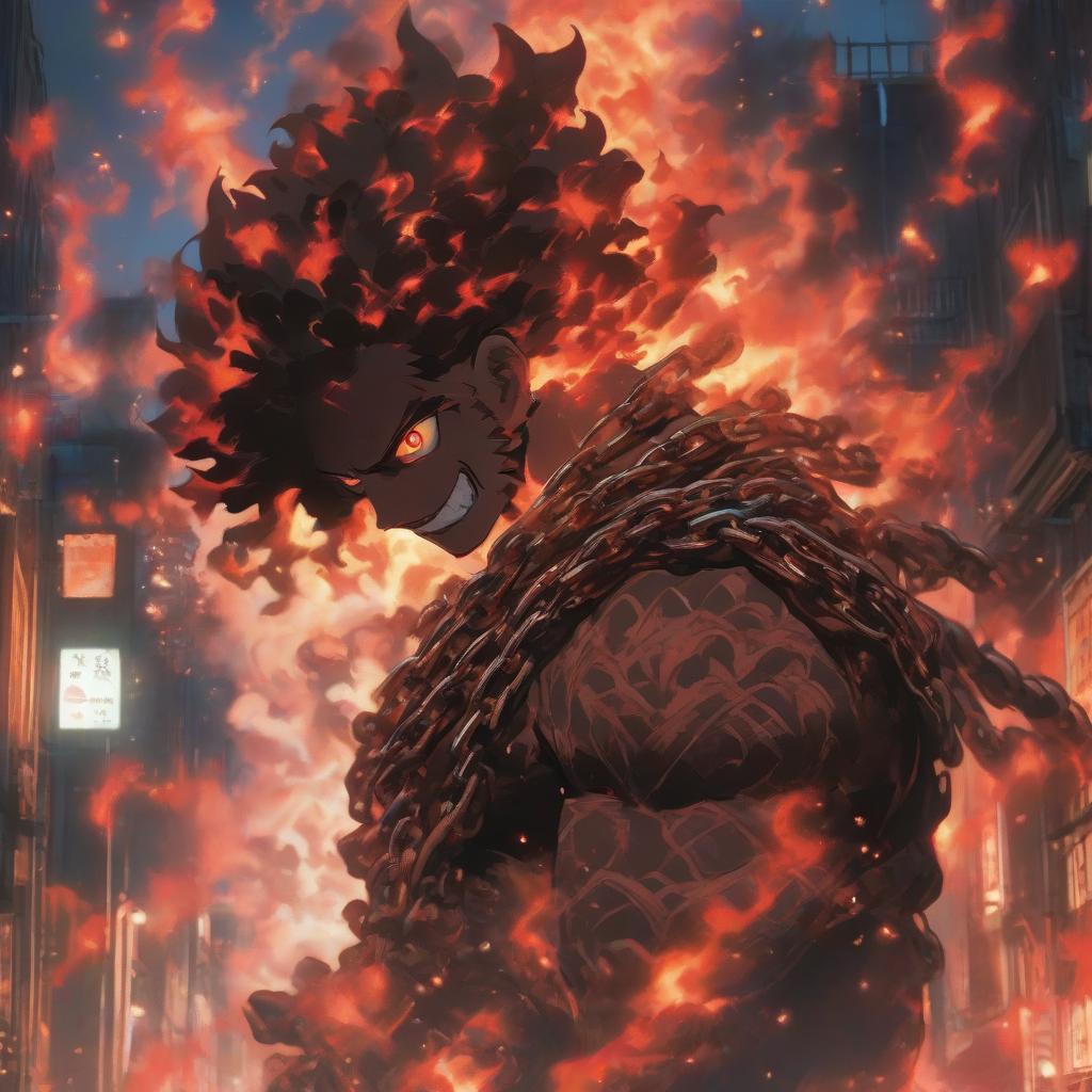  cinematic photo a demonic demon with chains around his neck, city on fire background, detailed anime character art, prisoner, kimetsu no yaiba, streaming on twitch, human torch, absolutely outstanding image, rising from the void, killua zoldyck portrait, the shackled, red on black, douglas smith, loadscreen . 35mm photograph, film, bokeh, professional, 4k, highly detailed hyperrealistic, full body, detailed clothing, highly detailed, cinematic lighting, stunningly beautiful, intricate, sharp focus, f/1. 8, 85mm, (centered image composition), (professionally color graded), ((bright soft diffused light)), volumetric fog, trending on instagram, trending on tumblr, HDR 4K, 8K