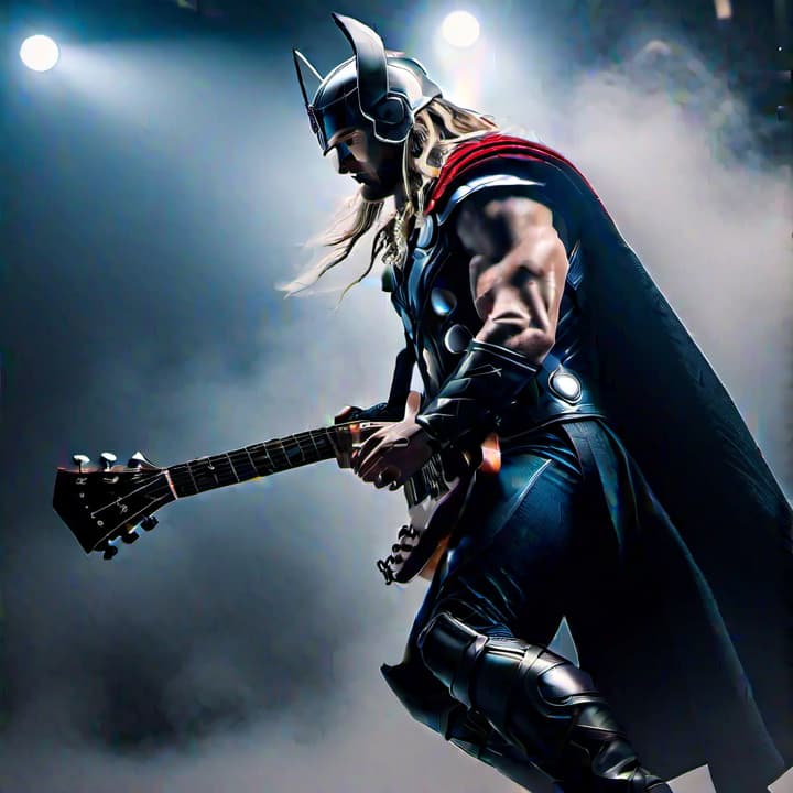  Thor is playing guitar hyperrealistic, full body, detailed clothing, highly detailed, cinematic lighting, stunningly beautiful, intricate, sharp focus, f/1. 8, 85mm, (centered image composition), (professionally color graded), ((bright soft diffused light)), volumetric fog, trending on instagram, trending on tumblr, HDR 4K, 8K