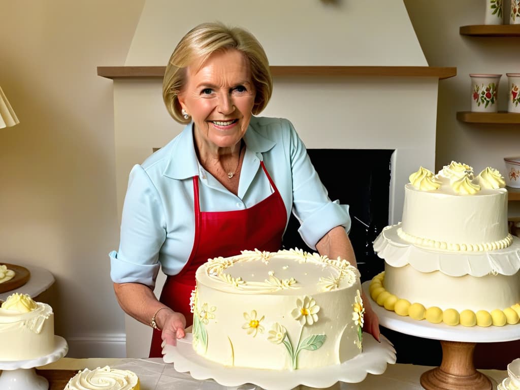  An ultradetailed, minimalist image of a young Mary Berry in her early baking days, wearing a vintage floral apron and delicately piping frosting onto a beautifully crafted cake. The focus is on her hands, capturing the intricate details of her baking technique and the artistry of her creations. Sunlight softly illuminates the scene, casting a gentle glow on the fresh ingredients and tools laid out around her, evoking a sense of warmth and nostalgia. hyperrealistic, full body, detailed clothing, highly detailed, cinematic lighting, stunningly beautiful, intricate, sharp focus, f/1. 8, 85mm, (centered image composition), (professionally color graded), ((bright soft diffused light)), volumetric fog, trending on instagram, trending on tumblr, HDR 4K, 8K