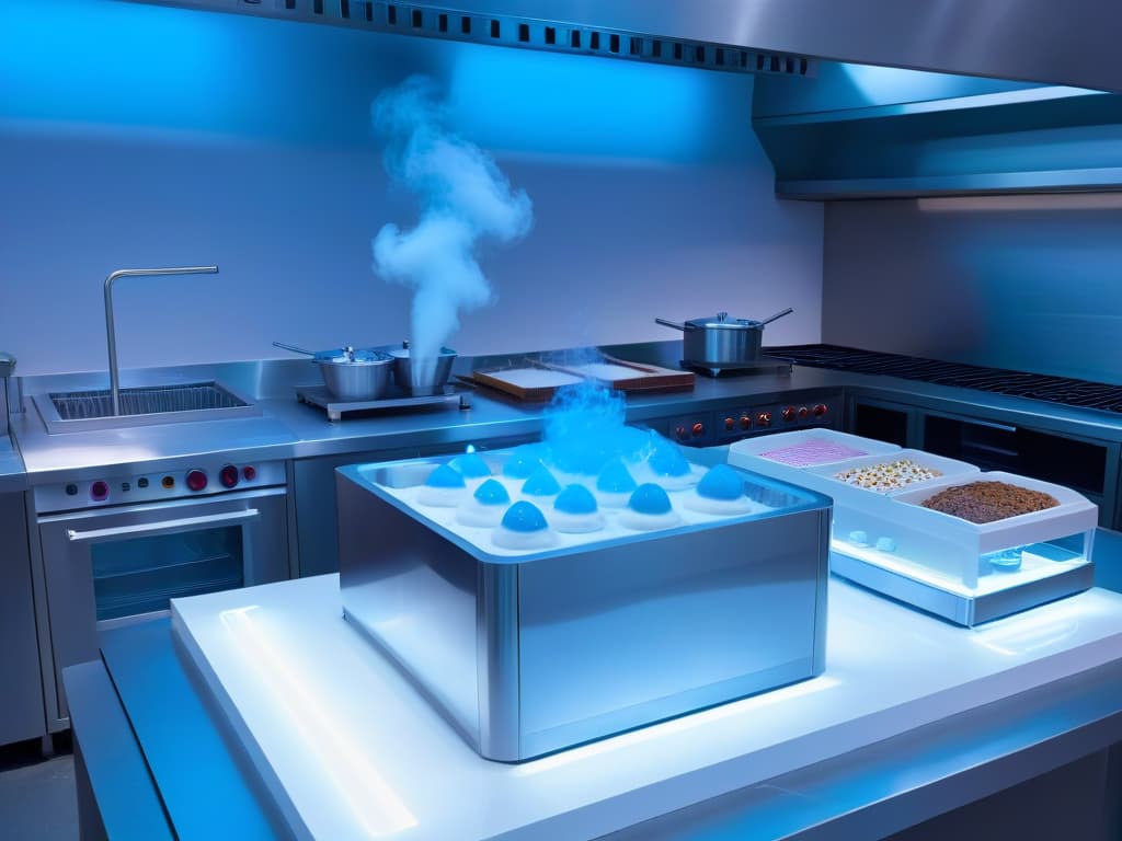  An ultradetailed, minimalist image of a sleek, futuristic molecular gastronomy kitchen setup, featuring gleaming stainless steel countertops, specialized equipment like cryogenic tanks and siphons, with a soft blue glow emanating from the nitrógeno líquido fog swirling around a perfectly crafted instant ice cream dish placed delicately on a square porcelain plate. hyperrealistic, full body, detailed clothing, highly detailed, cinematic lighting, stunningly beautiful, intricate, sharp focus, f/1. 8, 85mm, (centered image composition), (professionally color graded), ((bright soft diffused light)), volumetric fog, trending on instagram, trending on tumblr, HDR 4K, 8K