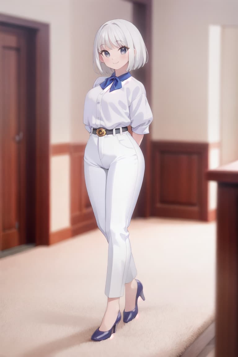  master piece , best quality,White hair, short hair, smiling, one , large s, age, full figure in , white pants, room background.