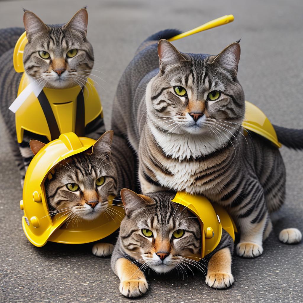  A dog wearing a yellow hard hat next to a cat wearing chef costume hyperrealistic, full body, detailed clothing, highly detailed, cinematic lighting, stunningly beautiful, intricate, sharp focus, f/1. 8, 85mm, (centered image composition), (professionally color graded), ((bright soft diffused light)), volumetric fog, trending on instagram, trending on tumblr, HDR 4K, 8K