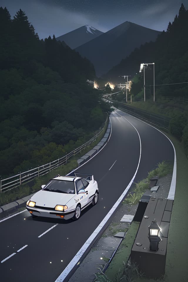  Anime, beautiful anime, recent animation touch, night, athlete girl running on a very dark passing road, in parallel sprinter Treno, AE86, wings growing in the car, headlight like eyes, light from the eyes , Laughing, white and black two tone training wear, angel wings grow, Japanese Hakone Pass, Mountain Trees, Headlight Light, Light particles, fences, hairpin curves, center Line, rusted guardrail,