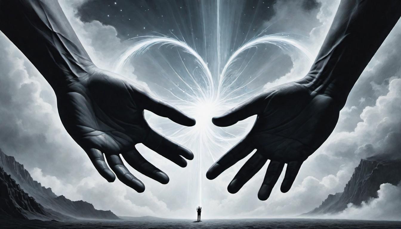  （surrealism)Two figures, their palms facing each other, not touching, with a visible energy field pulsing between them, symbolizing connection and choice impacting relationships, magnetic, engaging mystic, intricate details, best quality)