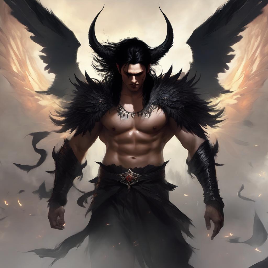  Man, demon with black eyes and black hair, demonic wings, fantasy, magic