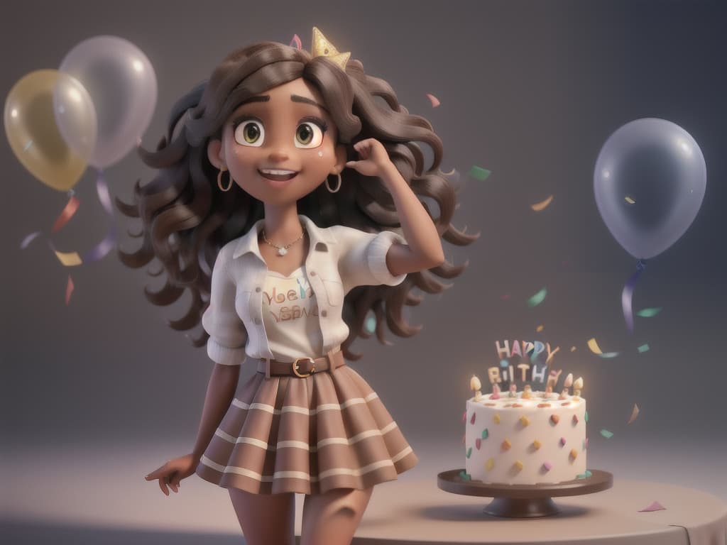  A brown black hair girl, birthday cake, happy birthday balloons in background, confetti, 25th birthday, happy, celebration, laughing, hyperrealistic, full body, detailed clothing, highly detailed, cinematic lighting, stunningly beautiful, intricate, sharp focus, f/1. 8, 85mm, (centered image composition), (professionally color graded), ((bright soft diffused light)), volumetric fog, trending on instagram, trending on tumblr, HDR 4K, 8K