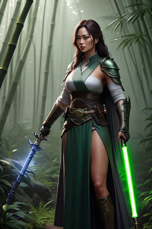  a cinematic shot of a Jedi warrior and holding a green glowing spear and a shield, fantasy jungle in background, reflective light, hkstyle, HD, masterpiece, best quality, hyper detailed, ultra detailed, super realistic bamboo forest hyperrealistic, full body, detailed clothing, highly detailed, cinematic lighting, stunningly beautiful, intricate, sharp focus, f/1. 8, 85mm, (centered image composition), (professionally color graded), ((bright soft diffused light)), volumetric fog, trending on instagram, trending on tumblr, HDR 4K, 8K