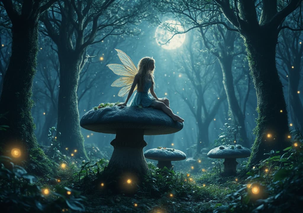  good quality, high quality, a magical forest scene with a fairy sitting on a mushroom, surrounded by glowing fireflies and mist, under a starry sky with a full moon