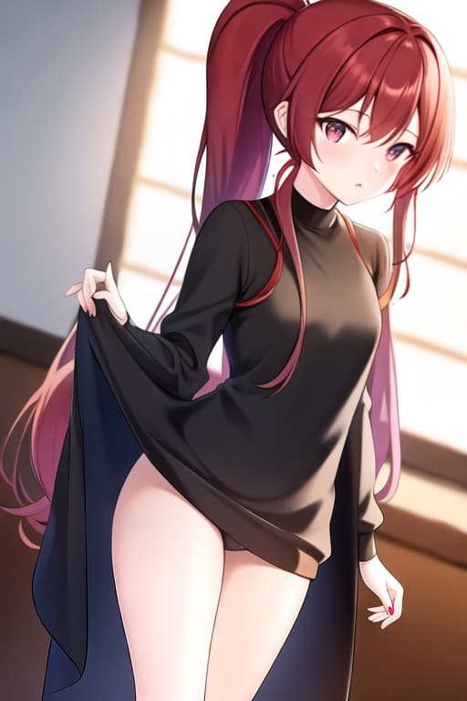  A high quality image of a beautiful small chested girl with long ponytail dark red hair and detailed amber coloured eyes wearing and stripping