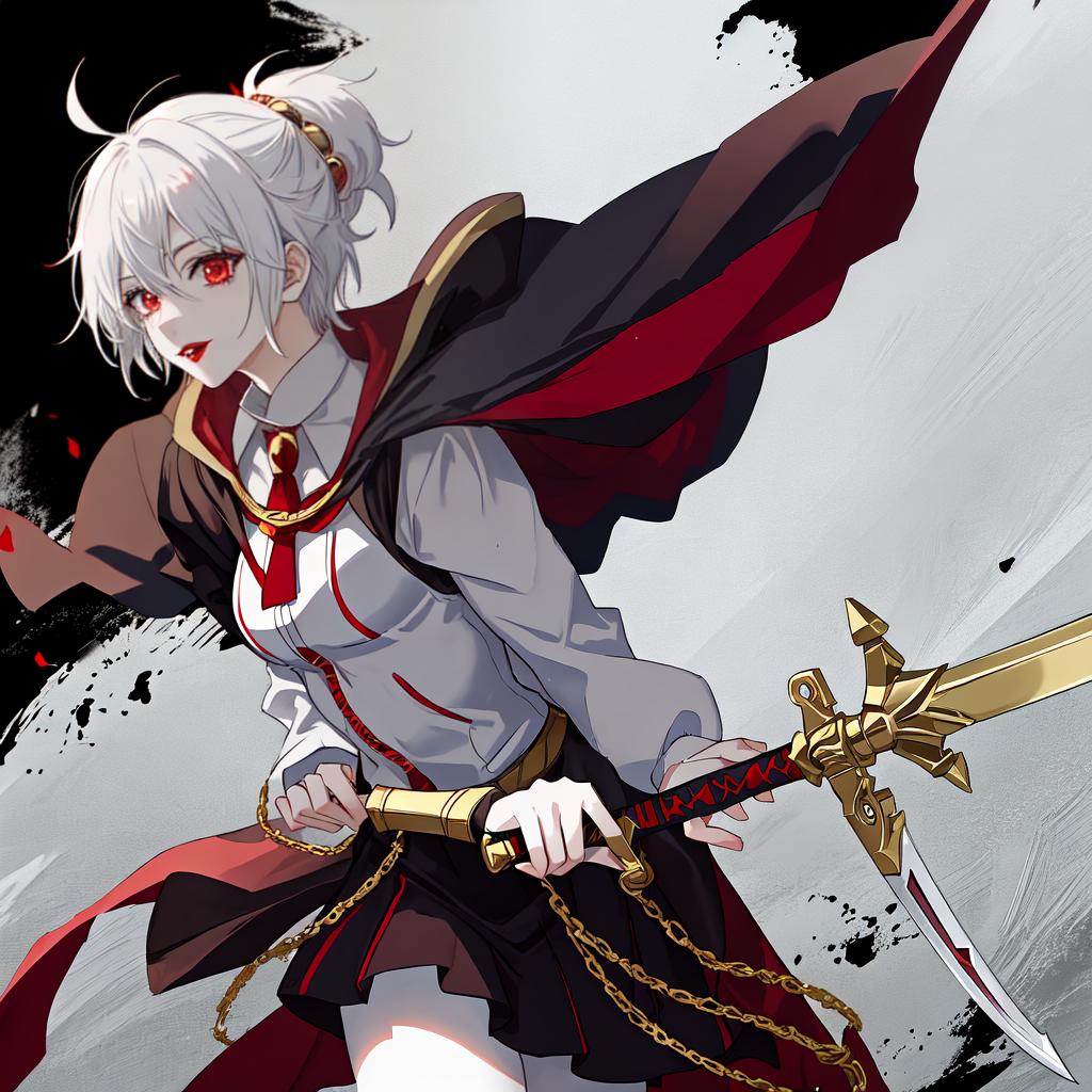  in an anime style, clown goth skin female white messy pixie hair dark red lipstick wearing a superman outfit. dark red Cape shape teeth holding a Golden sword