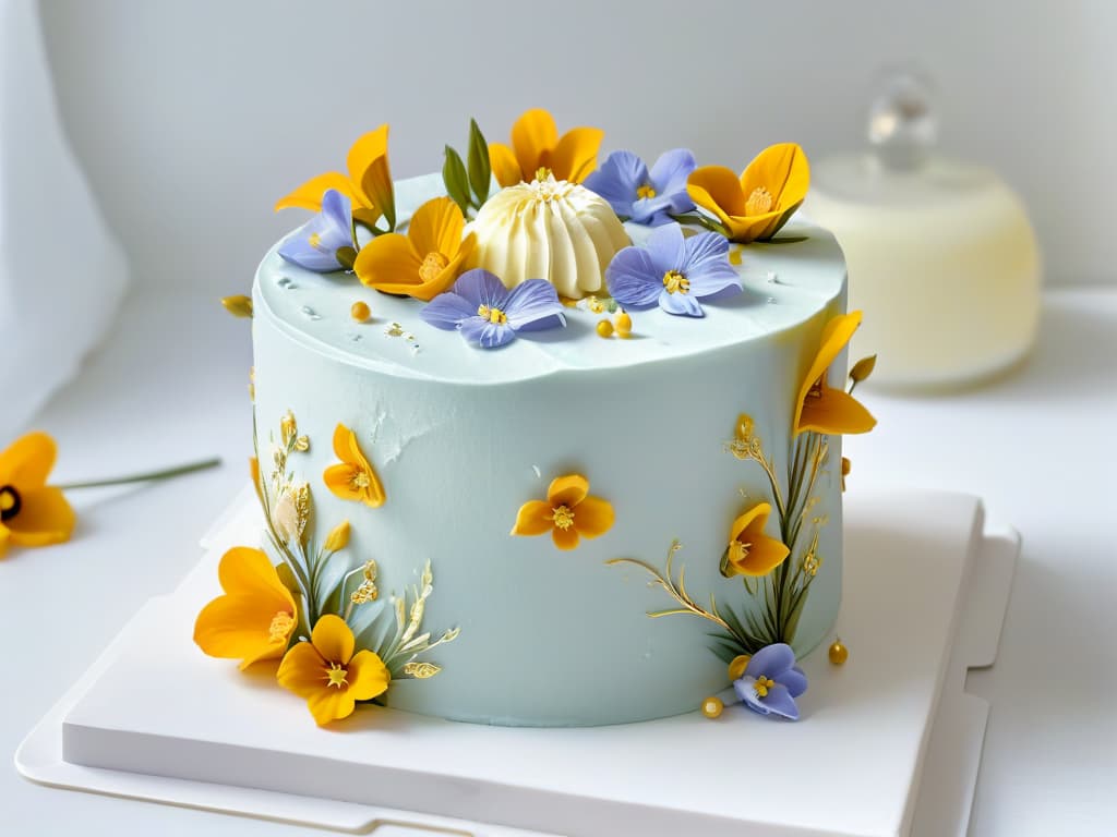  A closeup, ultradetailed image of a perfectly frosted cake adorned with delicate edible flowers, intricately piped frosting details, and shimmering gold leaf accents, set against a clean white backdrop. The frosting is flawlessly smooth, showcasing precision and expertise, while the flowers add a touch of natural elegance. The gold leaf catches the light, adding a luxurious and professional feel to the overall presentation. hyperrealistic, full body, detailed clothing, highly detailed, cinematic lighting, stunningly beautiful, intricate, sharp focus, f/1. 8, 85mm, (centered image composition), (professionally color graded), ((bright soft diffused light)), volumetric fog, trending on instagram, trending on tumblr, HDR 4K, 8K