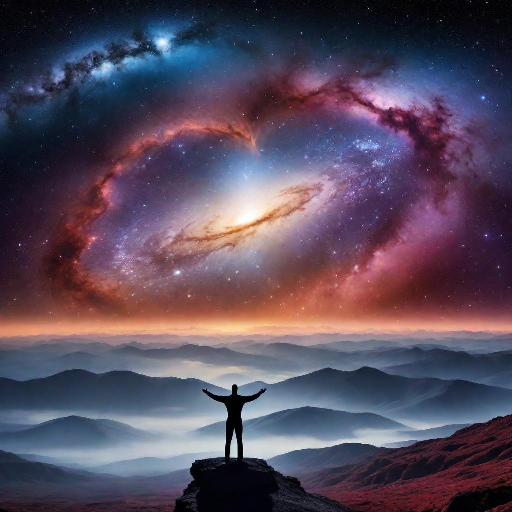  A breathtaking cosmic scene showing a vast and vibrant universe, with nebulas, galaxies, and celestial bodies. In the heart of this cosmic landscape, there's a silhouette of a human figure standing with open arms, imbued with a pattern of stars, symbolizing a person who has a purpose that aligns with the grandeur and intricacy of the universe. The figure appears connected to the cosmos around it, suggesting a deep spiritual or existential meaning. hyperrealistic, full body, detailed clothing, highly detailed, cinematic lighting, stunningly beautiful, intricate, sharp focus, f/1. 8, 85mm, (centered image composition), (professionally color graded), ((bright soft diffused light)), volumetric fog, trending on instagram, trending on tumblr, HDR 4K, 8K