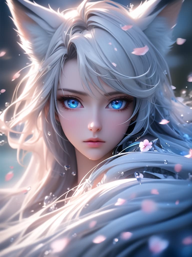  masterpiece, best quality,official art, extremely detailed cg 8k wallpaper,(flying petals), (detailed ice) , crystals,texture skin, cold expression, ((fox ears)),white hair, long hair, messy hair, blue eye,looking at viewer,extremely delicate and beautiful, water, ((beauty detailed eye)), highly detailed, cinematic lighting, (beautiful face),fine water surface, (original figure painting), ultra detailed, incredibly detailed, (an extremely delicate and beautiful), beautiful detailed eyes, (best quality), (masterpiece,best quality:1.5)