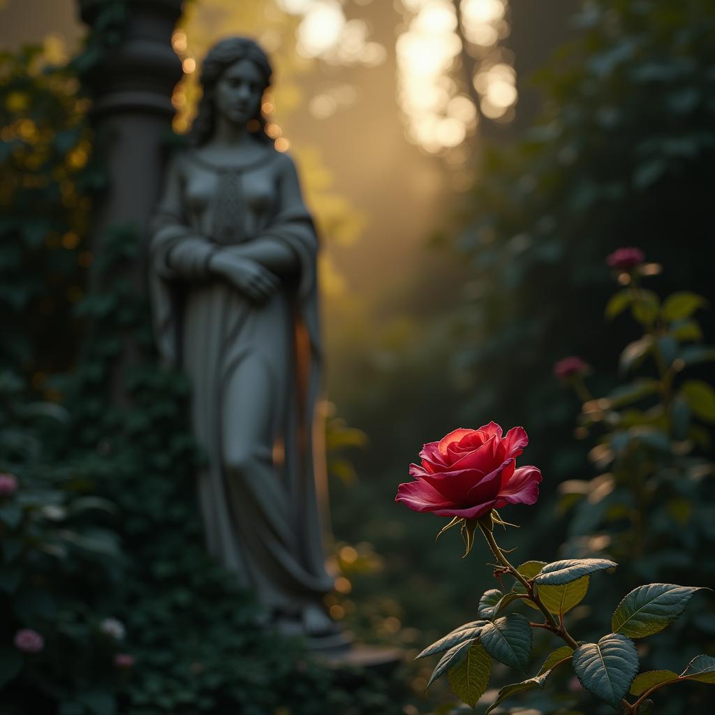  good quality, high quality, create an ethereal, hyper realistic scene of a forgotten garden at dusk. in the center, a single crimson rose blooms, its petals delicate and shimmering like silk, catching the soft golden light. nearby stands a weathered marble statue of a long lost queen, partially covered in ivy, with an expression of serene mystery. the garden should feel overgrown yet enchanted, with soft, ambient lighting and muted, warm colors. the atmosphere should evoke a sense of timelessness and quiet beauty.