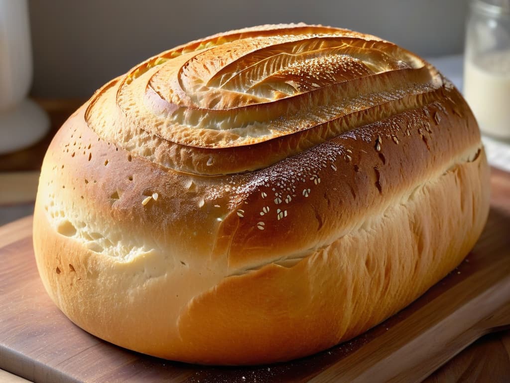  An ultradetailed closeup image of a perfectly goldenbrown sourdough loaf, freshly baked and steaming, with a crisp, crackling crust that glistens under a soft light. The intricate pattern of cracks on the crust is visible, showcasing the artisanal nature of the bread. Fine flour dusting the surface catches the light, highlighting the texture of the loaf, while a few scattered grains of sea salt sparkle like tiny crystals. The background is a muted, warmtoned kitchen setting, with subtle hints of a rustic wooden table and a vintage linen cloth peeking into the frame, adding a touch of homely charm to the scene. hyperrealistic, full body, detailed clothing, highly detailed, cinematic lighting, stunningly beautiful, intricate, sharp focus, f/1. 8, 85mm, (centered image composition), (professionally color graded), ((bright soft diffused light)), volumetric fog, trending on instagram, trending on tumblr, HDR 4K, 8K