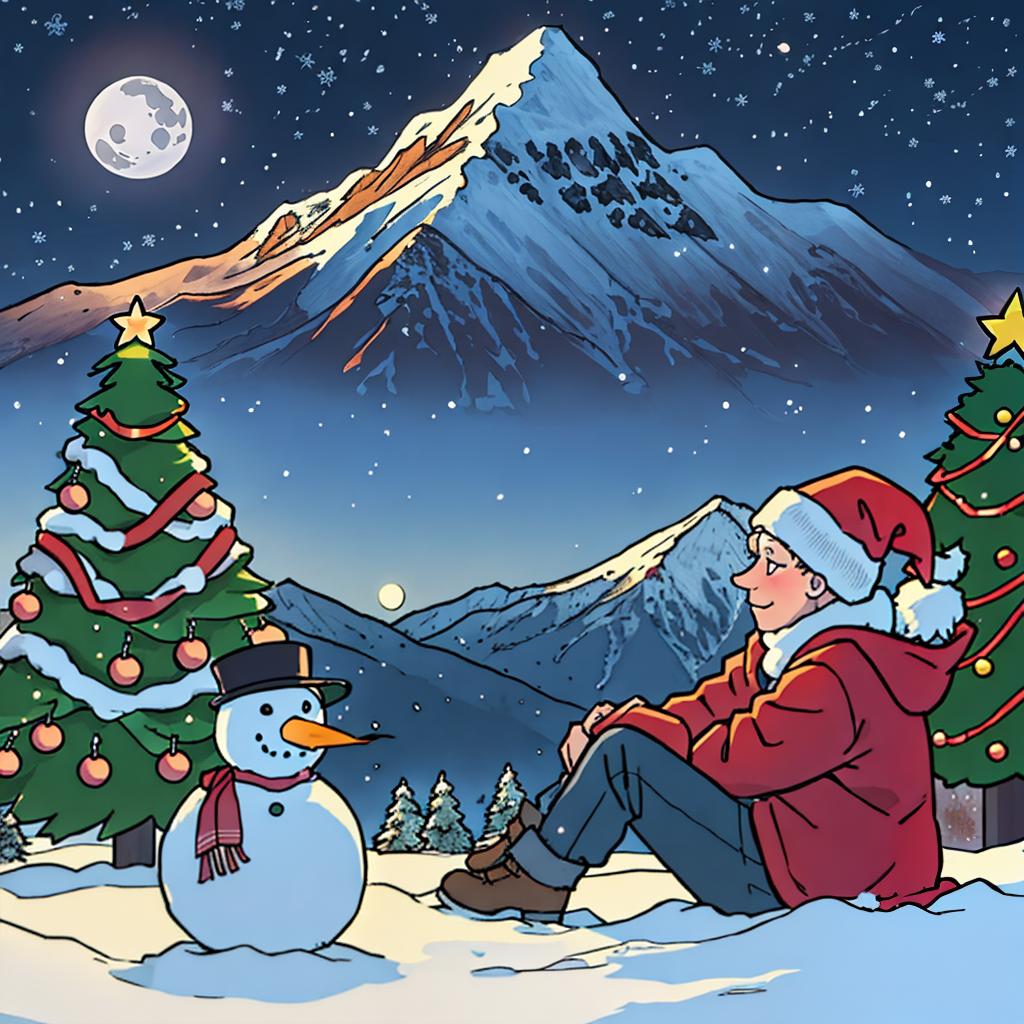  polar bear sitting with a snowman surrounded by Christmas trees.  Mountains in the back ground with the moon shining