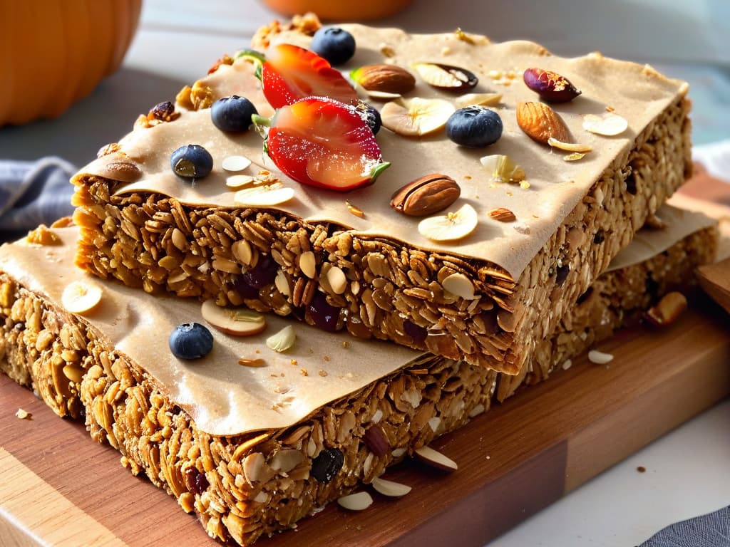  An image of a stack of freshly baked granola bars, perfectly golden brown with visible chunks of nuts, seeds, and dried fruits, sitting on a rustic wooden cutting board. The bars are sprinkled with a light dusting of cinnamon and nutmeg, with a few whole spices artfully arranged around them. The warm, cozy glow of autumn sunlight filters through a nearby window, casting a soft, inviting light on the scene, creating a feeling of wholesome comfort and seasonal delight. hyperrealistic, full body, detailed clothing, highly detailed, cinematic lighting, stunningly beautiful, intricate, sharp focus, f/1. 8, 85mm, (centered image composition), (professionally color graded), ((bright soft diffused light)), volumetric fog, trending on instagram, trending on tumblr, HDR 4K, 8K