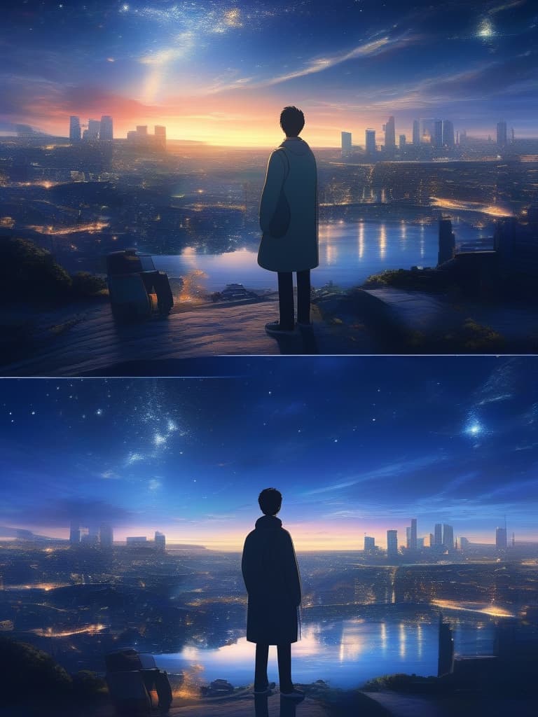  The background is the city of the city, the sky is a starry sky, the sunset is a little visible, a man looks up at the back, the back, the back, the back of the night sky., masterpiece, best quality,8k,ultra detailed,high resolution,an extremely delicate and beautiful,hyper detail