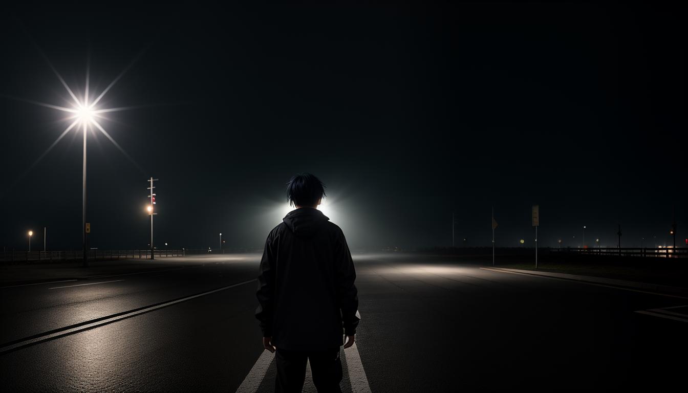  anime aesthetics, cinematic A person standing at a crossroad, looking weary, with signs indicating 'Burnout', 'Resentment', and 'Self Diminishment'. Dramatic lighting, suggesting a somber mood. Anime Aesthetics, dynamic action scenes, intense colors4k, HDR, lens flare, visually stunning, emotionally evocative