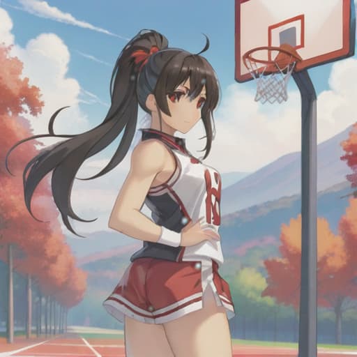  anime girl black hair bright dark brown eyes red and white basketball uniform with the number 18 and the name Nicky white and black shoes Have your hair in a medium high ponytail with two strands on the sides of your ears, have a basketball and look full body Pastel Palette, Da Vinci's Dreams, Picasso's , Sunrise Splendors, Floral Fantasy, Mystical Moonscapes, Urban Nature, Crystal Clear, Cinematic hyperrealistic, full body, detailed clothing, highly detailed, cinematic lighting, stunningly beautiful, intricate, sharp focus, f/1. 8, 85mm, (centered image composition), (professionally color graded), ((bright soft diffused light)), volumetric fog, trending on instagram, trending on tumblr, HDR 4K, 8K