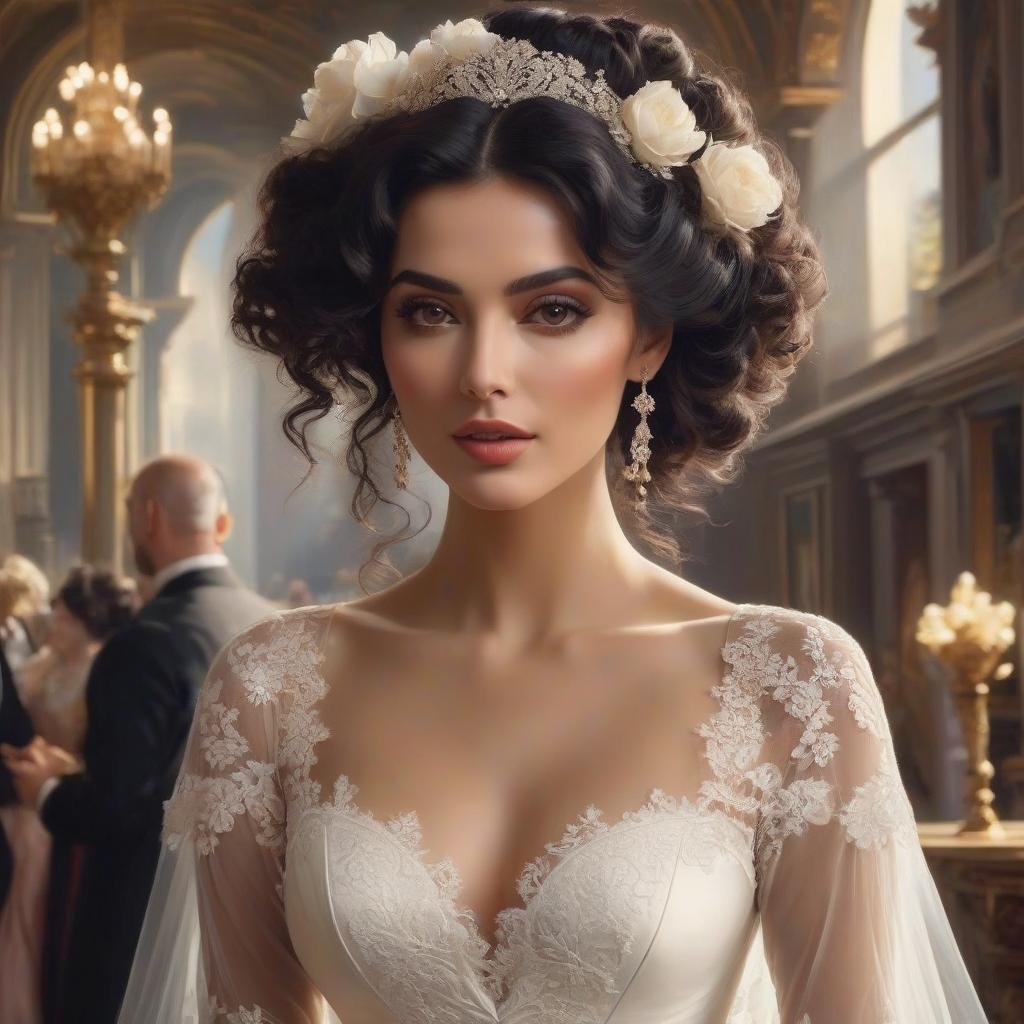  A masterpiece. Very beautiful girl with black curls gathered upwards. Beautiful hairstyle. White wedding fitted dress with lace. Elegance. Very beautiful dress. Brown eyes. Happy look. No pomp, just elegance. Realism, rococo, surrealist abstraction. Alfonso Mucha, Honoré Fargonard. hyperrealistic, full body, detailed clothing, highly detailed, cinematic lighting, stunningly beautiful, intricate, sharp focus, f/1. 8, 85mm, (centered image composition), (professionally color graded), ((bright soft diffused light)), volumetric fog, trending on instagram, trending on tumblr, HDR 4K, 8K