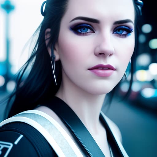  ultra realistic close up portrait ((beautiful pale cyberpunk female with heavy black eyeliner)), blue eyes, shaved side haircut, hyper detail, cinematic lighting, magic neon, dark red city, Canon EOS R3, nikon, f/1.4, ISO 200, 1/160s, 8K, RAW, unedited, symmetrical balance, in-frame, 8K