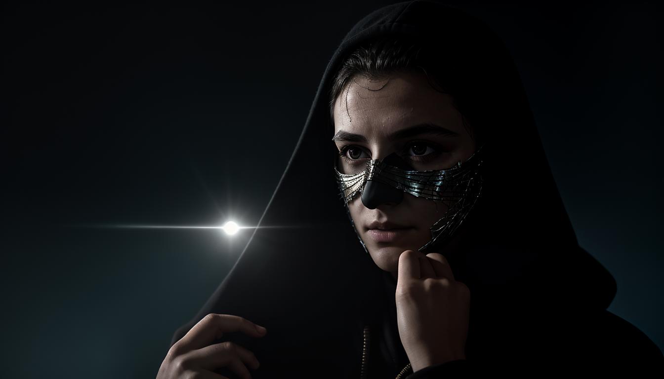  cinematic, aesthetic, A faceless mask, cracked and fragile, held in trembling hands, dark shadows encroach from the background, fear, rejection, fragile self, 4k, HDR, lens flare