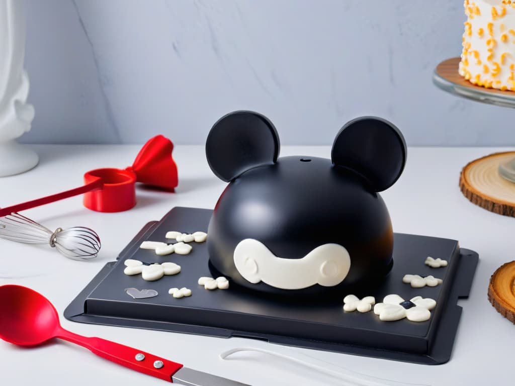  A highresolution, minimalist image of a Mickey Mousethemed baking set arranged neatly on a marble countertop, featuring iconic items like cookie cutters, measuring spoons, and a whisk, all in sleek black and white colors with subtle hints of red, capturing the essence of timeless Disney magic in a modern culinary setting. hyperrealistic, full body, detailed clothing, highly detailed, cinematic lighting, stunningly beautiful, intricate, sharp focus, f/1. 8, 85mm, (centered image composition), (professionally color graded), ((bright soft diffused light)), volumetric fog, trending on instagram, trending on tumblr, HDR 4K, 8K