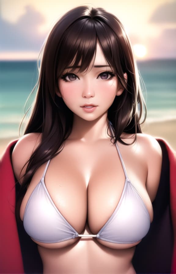  nsfw,4K,highres,ultra detailed,best quality,from front,Japanese,woman,young adult,brown hair,medium hair,thin eyebrows,swimwear,bikini,purple satin,glamorous,unbuttoned,beach,realistic,seductive pose, (Masterpiece, BestQuality:1.3), (ultra detailed:1.2), (hyperrealistic:1.3), (RAW photo:1.2),High detail RAW color photo, professional photograph, (Photorealistic:1.4), (realistic:1.4), ,professional lighting, (japanese), beautiful face, (realistic face)