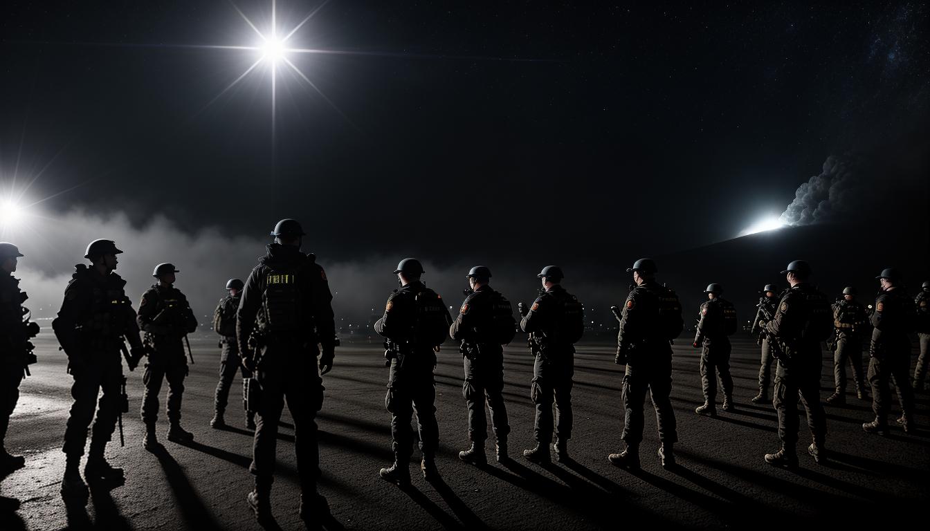  cinematic, aesthetic, group gathering in crisis, figure in the center, calm and authoritative, consulting a document, crisis management, composed, dependable, 4k, HDR, lens flare